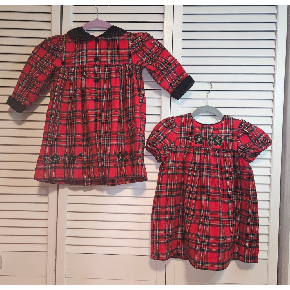 Vint Little Billy Red Plaid Holiday Dress Set Velvet Trim Floral Embroidery 24M